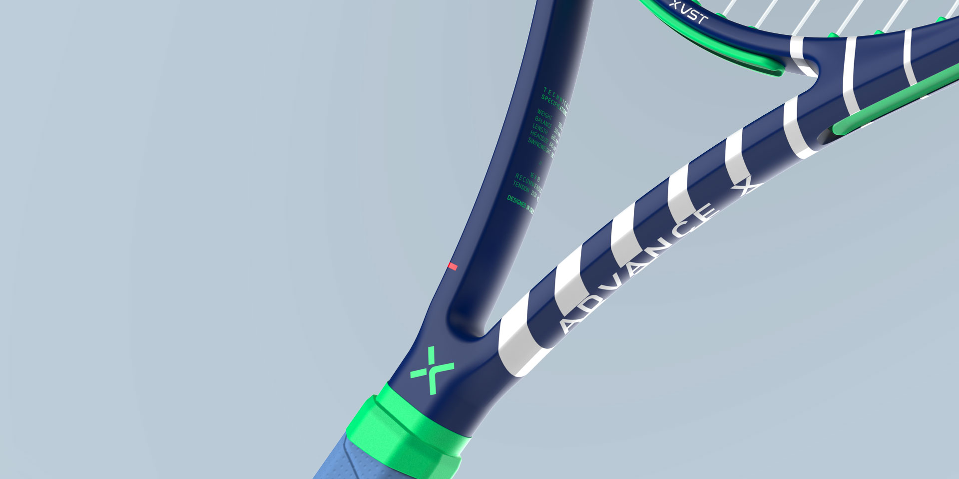 Advance X tennis racquet perspective view, sport product design