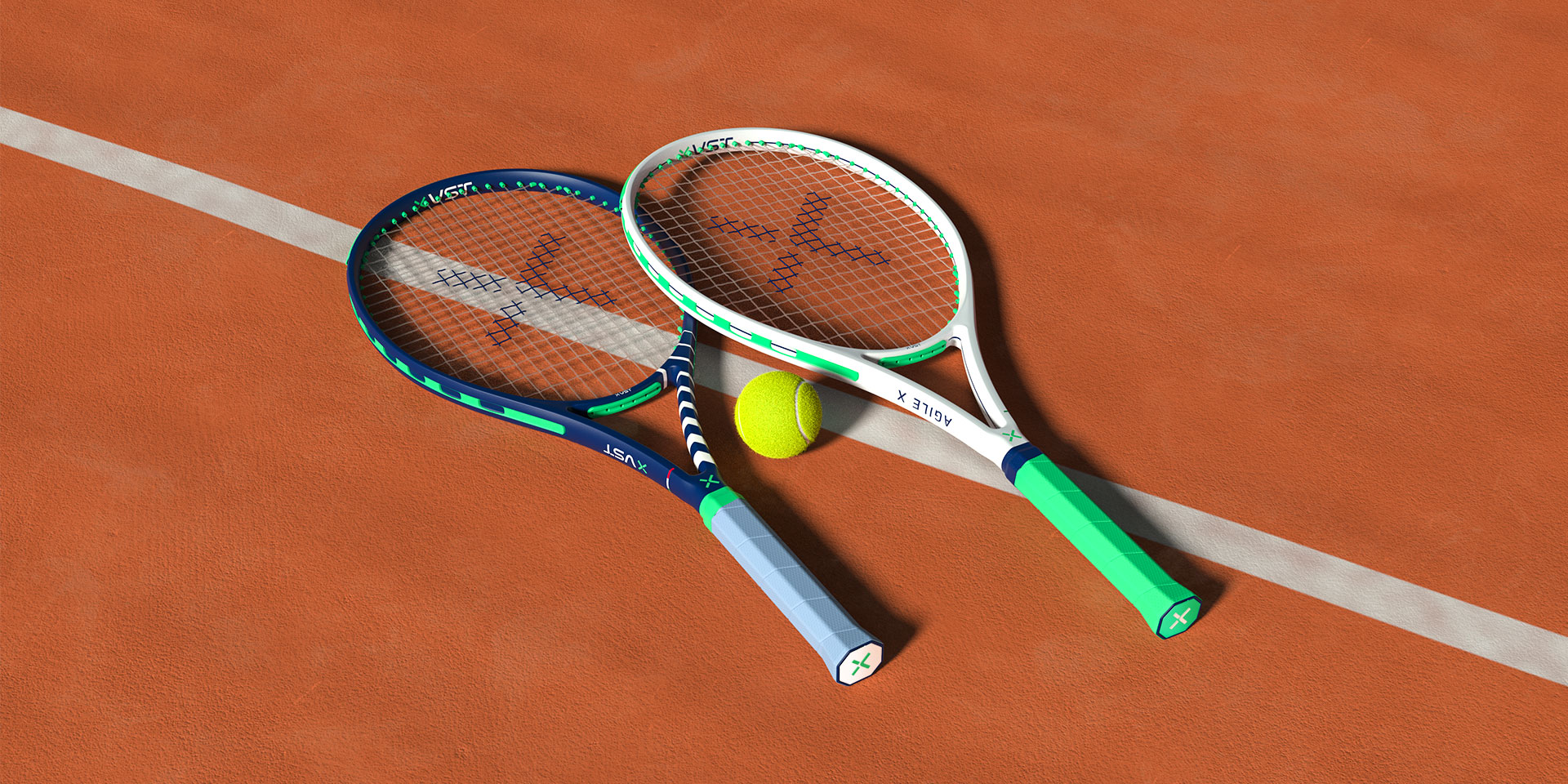 X-VST racquets on clay court perspective, product design MM Design